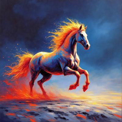 Primary subject: A horse with a mane of fire, running in a field.

Setting/background: The horse is running in a field with a blue sky in the background.

Visual style: The image is a painting, featuring a vibrant and dynamic scene.

Colors and mood: The dominant colors are blue, orange, and yellow, creating a lively and energetic atmosphere.